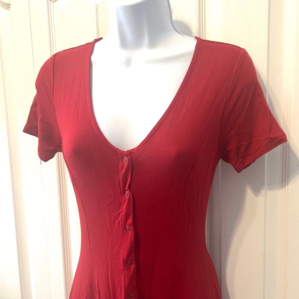 Forever 21-Small-Mini Snap Up Front Short Sleeve Dress-Belted Back-Rust/Orange - Picture 2 of 13